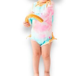 Ruffle Butts Rainbow Tie Dye One Piece Swimsuit Rash Guard Girl‎ 3T Long Sleeve